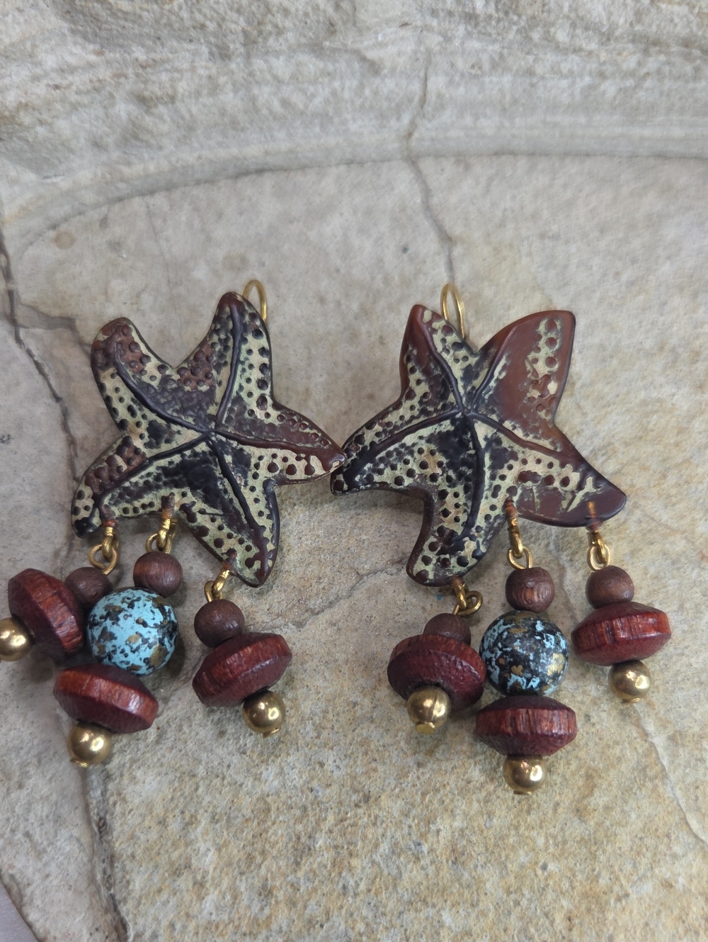 Boho Starfish Dangle Earrings in Brown and Turquoise